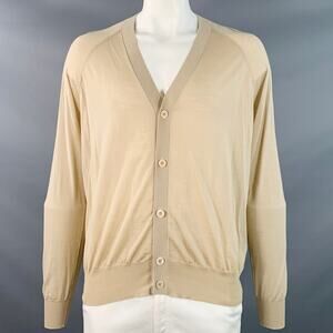 PRADA Size L Beige Virgin Wool Sheer Knit V-Neck Cardigan